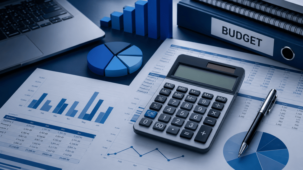 Professional trucking business pricing and financial planning workspace with calculator, reports, charts, and blue office setup